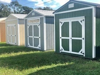 Garden Sheds for sale at sales lot.