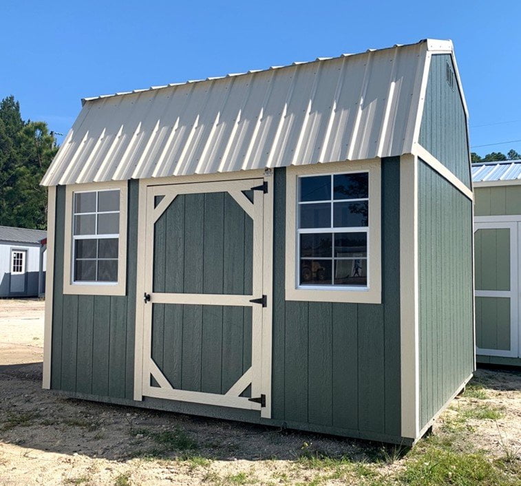 Side Lofted Barn painted Pewter Green from Florida shed manufacturer.