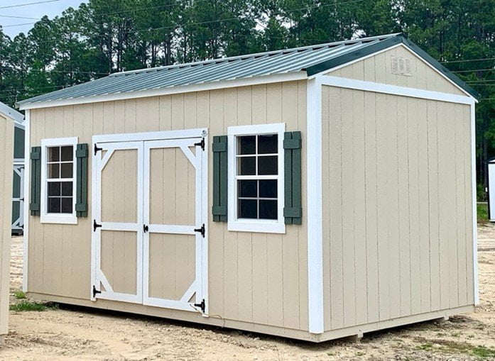 Storage shed with shutters.